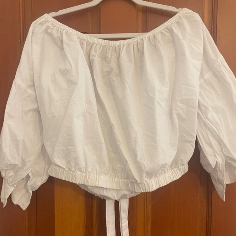 Revolve Fame and Partners white tie back off shoulder blouse